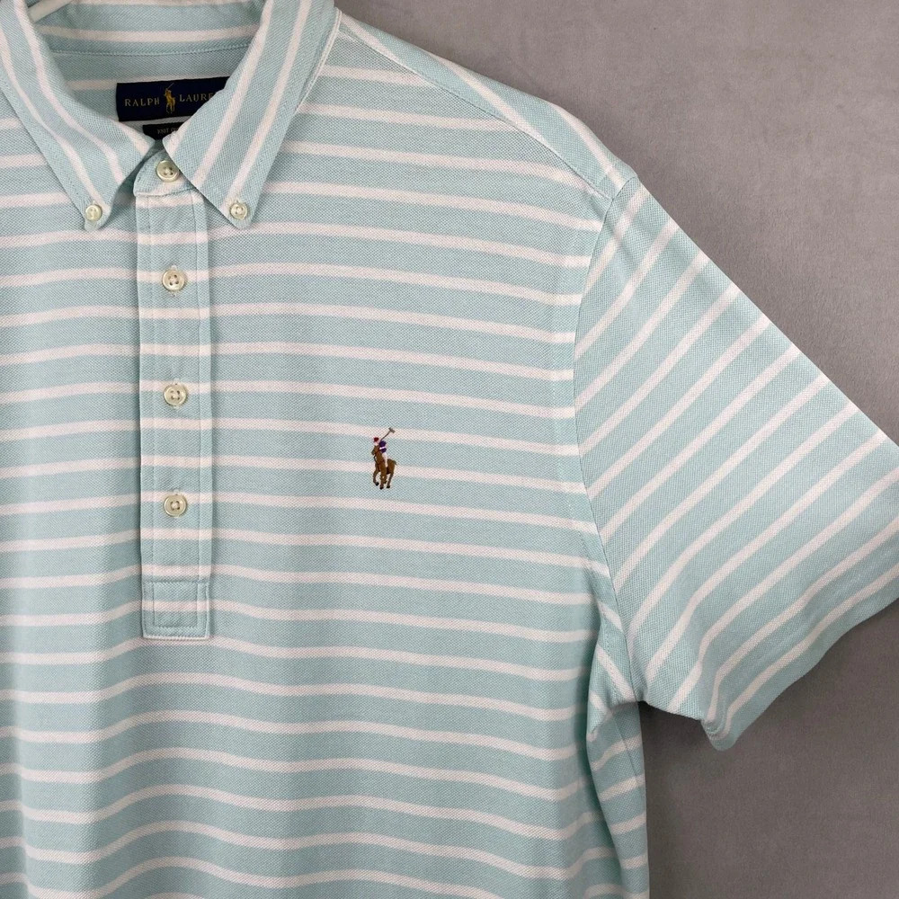 Ralph Lauren Knit Oxford Polo Button Shirt Men L Green Striped Cotton Preppy EUC